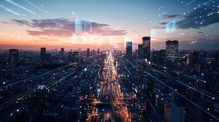 Fototapeta premium Cityscape at twilight with digital overlay. Aerial view of Tokyo's modern cityscape. Possible use Stock photo for technology, future, urban, city concepts