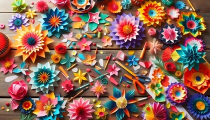 Creative DIY paper craft scene with colorful origami flowers and cutouts on a wooden table