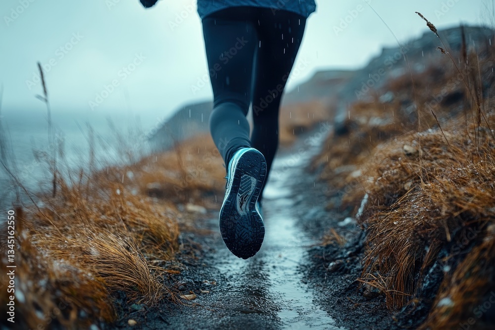 Poster Person running through a forest, creating splashes in the water during early morning light with vibrant colors and dynamic movement in the background