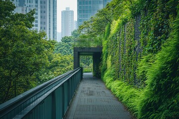 Fototapeta premium A green walkway bordered by a living wall in an urban setting