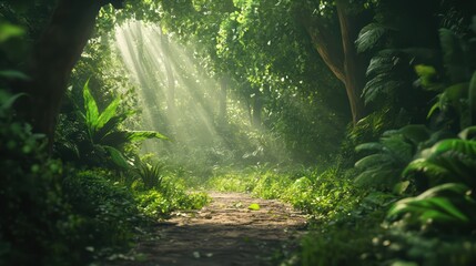 A tranquil scene of a forest path surrounded by dense greenery, with soft light filtering through the trees during early morning hours 