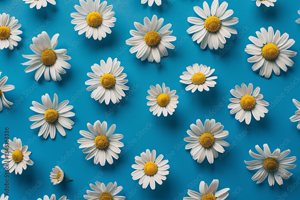 Poster bright chamomile flowers arranged in a repeating pattern on a vibrant blue background showcasing spr