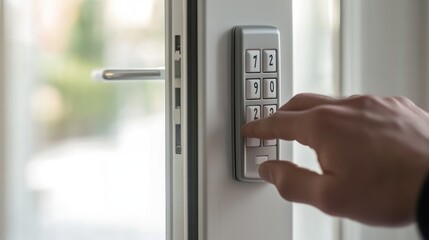 Hand Entering Code on Digital Keypad for Secure Door Entry System Modern Home Security Technol