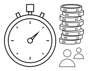 Stopwatch with detailed markings, stacked coins, and simplistic human outlines. Ideal for themes thumbs up productivity, efficiency, time tracking, resource allocation, cost management, business