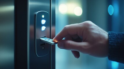 Naklejka premium Hand Inserting Keycard into Electronic Lock for Access Control in Modern Security System