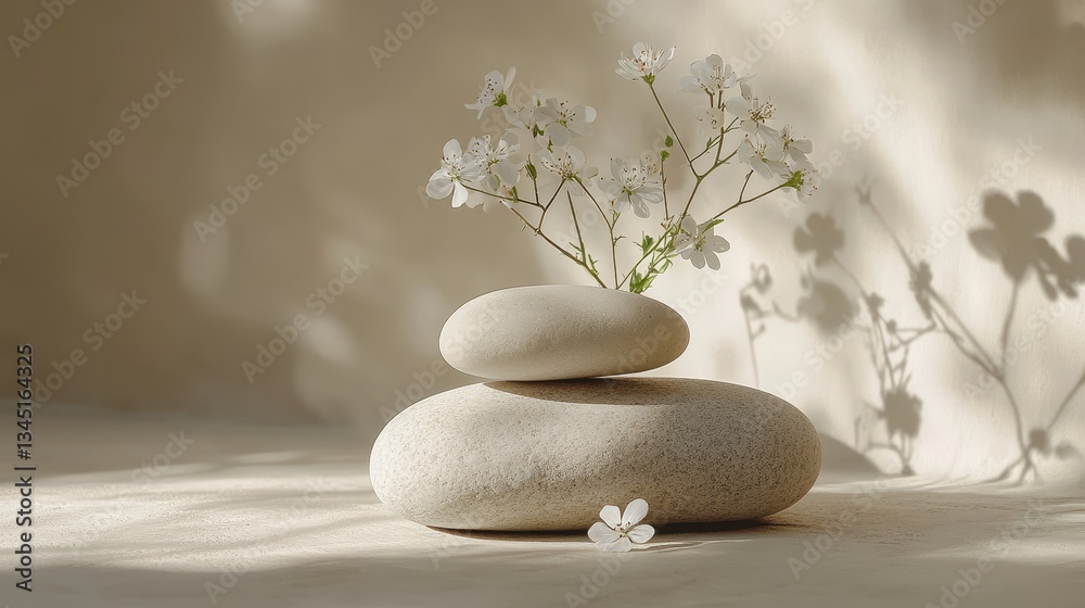 Aufkleber arrangement of smooth stones with delicate white flowers placed on top in a serene indoor setting du