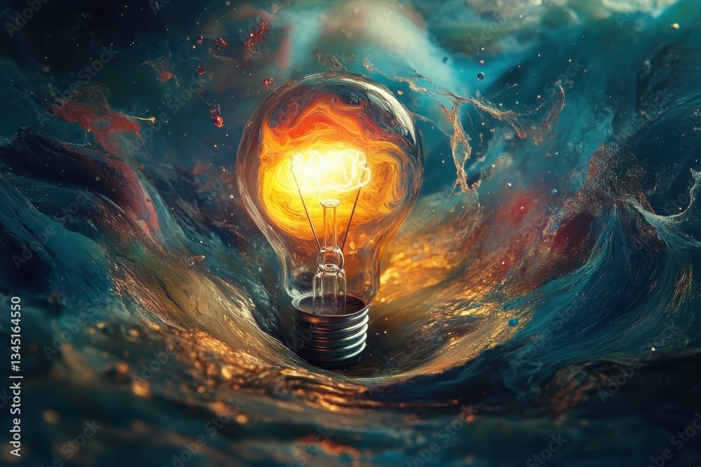 Poster Bright light bulb surrounded by vivid abstract colors creating a dynamic and modern art piece in a creative studio setting