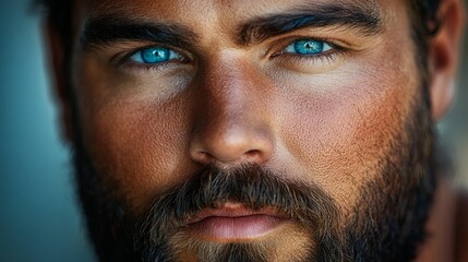 Obraz premium Close-up portrait of a man with intense blue eyes and a beard.