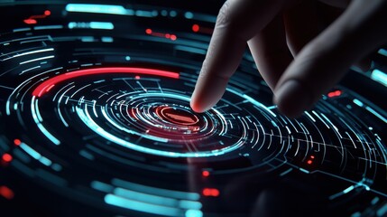 Human Hand Interacting with Futuristic Technology Interface, Touchscreen Data Analysis Concept