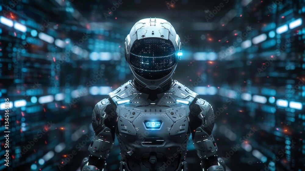 Poster futuristic humanoid robot exploring a high-tech cyber environment filled with data streams and digit