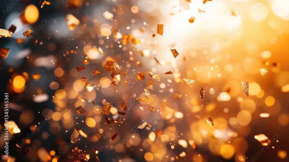 Poster celebratory confetti floating above a serene lake during sunset creating a magical atmosphere in an 