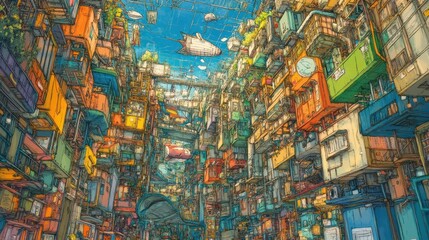 Obraz premium The dense and colorful stacked city with aircraft in the sky