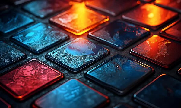Abstract close-up of textured, illuminated square tiles in red and blue hues.