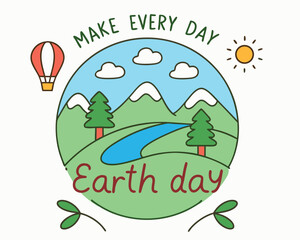 Fototapeta premium Make Every Day Earth Day: A Cute Circular Illustration of Nature with Mountains, Trees, Bunny, and Hot Air Balloon