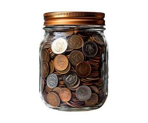 Jar Filled with Assorted Coins Displaying Different Currency Types and Values