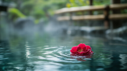 露天風呂と椿 &mdash; 湯気に包まれる和の癒し空間