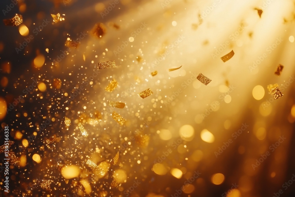 Poster golden bokeh lights create a magical atmosphere in a forest during dusk with scattered sparkles shim