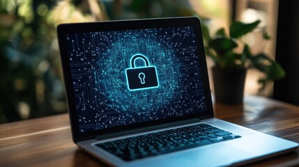 A top-down view of a laptop with a digital lock icon on the screen, representing cybersecurity and online data protection