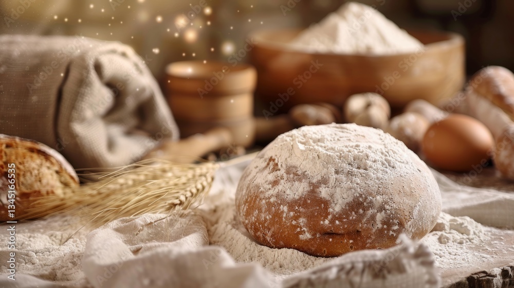 Aufkleber flour sacks and dough illustrate the artistry of bread-making in a rustic kitchen environment with n