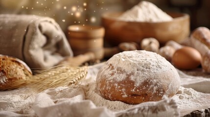 Fototapeta premium Flour sacks and dough illustrate the artistry of bread-making in a rustic kitchen environment with natural ingredients Generative AI