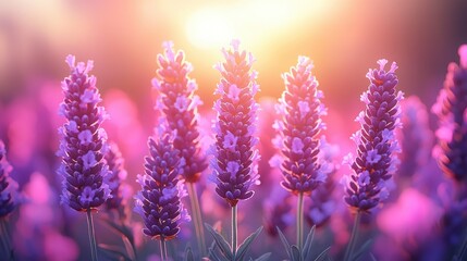 Obraz premium Lavender field glows in warm light, purple blossoms in focus, vibrant background