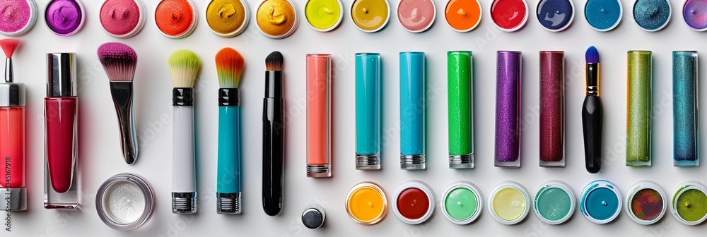 Poster colorful nail polishes and manicure tools neatly arranged on a light background for a vibrant beauty
