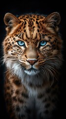 Naklejka premium Leopard portrait; intense gaze, spots, furry texture, striking blue eyes