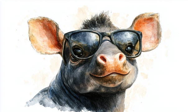Cool Tapir Portrait with Sunglasses, Watercolor Animal Art, Unique Wildlife Illustration
