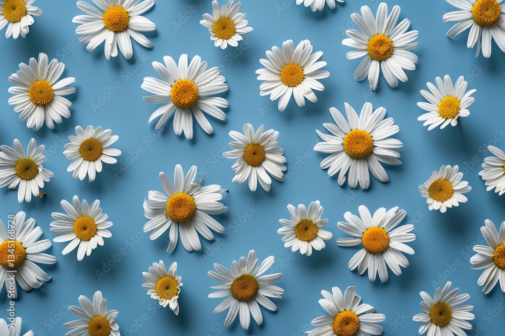 Aufkleber chamomile flowers arranged in repetition on a bright blue background for a vibrant spring and summer
