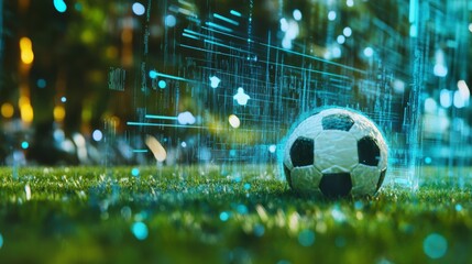 Soccer ball on grass with digital data overlay.  Possible use stock photo for sports, technology, and future concepts
