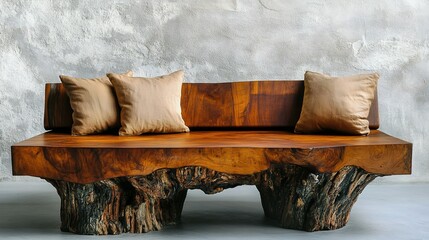 A Rustic Wooden Bench Adorned With Soft Tan Cushions
