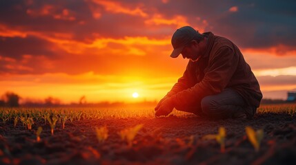 Farmer hands gently planting seedlings under a fiery sunset glow