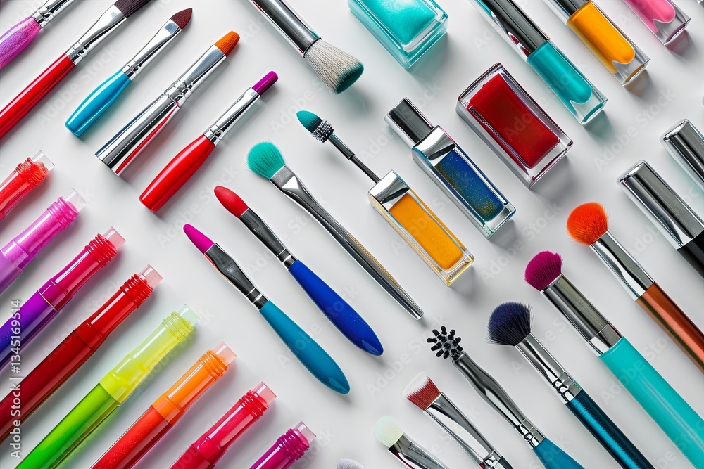 Poster Colorful display of nail polishes and tools arranged neatly on a light background for a vibrant manicure setup Generative AI