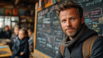 Fototapeta premium Man in cafe, looking at chalkboard menu
