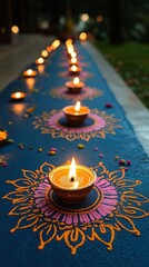 Lit candles & colorful floral rangoli patterns decorate blue surface outdoors
