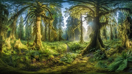 Naklejka premium Lush Green Forest with Sunlight Filtering Through Majestic Trees and Dense Underbrush in Nature's Serenity