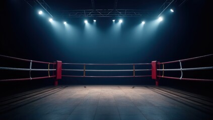 Empty Boxing Ring with Spotlights - Sports Arena. Ideal for sports event websites, boxing competition advertisements, theatrical performance posters, gym flyers, fight video presentations