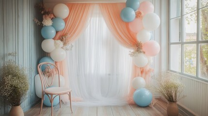 Colorful celebration backdrop featuring pastel balloons and floral arrangements for a joyful event or party setup in a bright indoor space