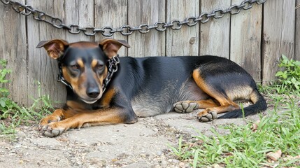 A chained dog resting its paws against a fence, symbolizing the push for animal rights and shelter advocacy
