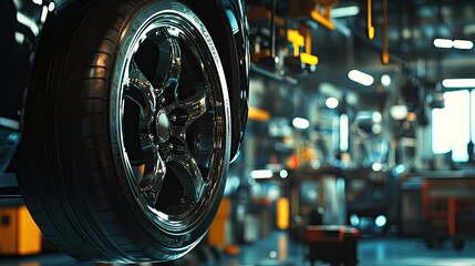 Fototapeta premium A close-up of a car wheel lifted in an auto repair shop, with mechanics and tools visible in the background under bright workshop lighting