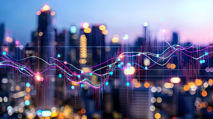 Blurred Cityscape at Night With Data Visualization Overlay Showing Financial Trends and Economic Progress