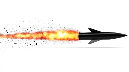 A sleek black rocket launches into the sky, trailing flames and smoke against a white background