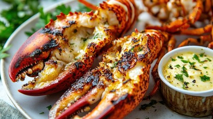A close-up of grilled lobster with garlic butter sauce on the side, showcasing the succulent lobster meat and rich, buttery flavor ready to be enjoyed