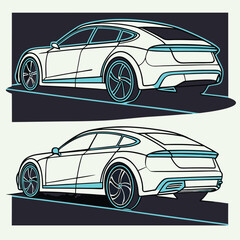 Futuristic electric car with sleek aerodynamic design, glowing neon lines, and a digital dashboard, top view and side profile