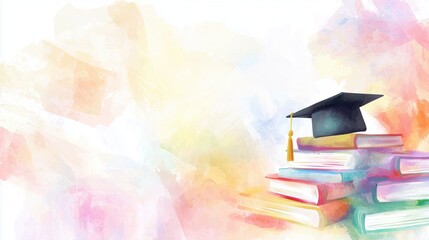 A soft pastel watercolor border frame design features a graduation cap atop a stack of books symbolizing education achievement and knowledge perfectly suitable for celebratory