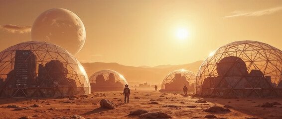 cities of large futuristic geodesic domes on Mars with astronauts 