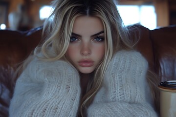 Obraz premium Blonde woman for cozy sweater, home interior.