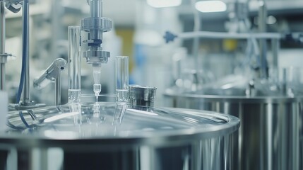 A pharmaceutical factory, close-up of high-tech equipment mixing chemicals in stainless steel vats, clear glass tubes and automated systems