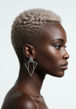 Mulher com cabelo curto e crespo tingido de loiro claro, usando um brinco grande de argola prateada. A imagem destaca a textura do cabelo e o acess&oacute;rio elegante