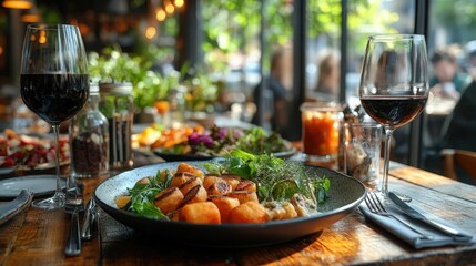 Gourmet dining experience with fine wine and beautifully presented dishes